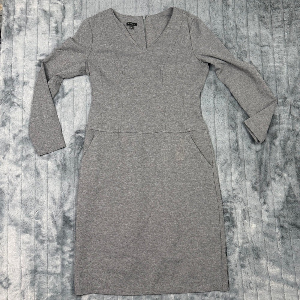 Talbots Womens Gray Ponte Knit V-Neck Sheath Dress Long Sleeve Size 8 Pocket